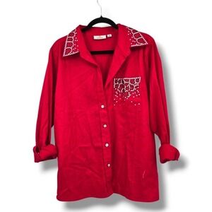 Quacker Factory Embellished Top Rhinestone Button Down Shirt Red M‎